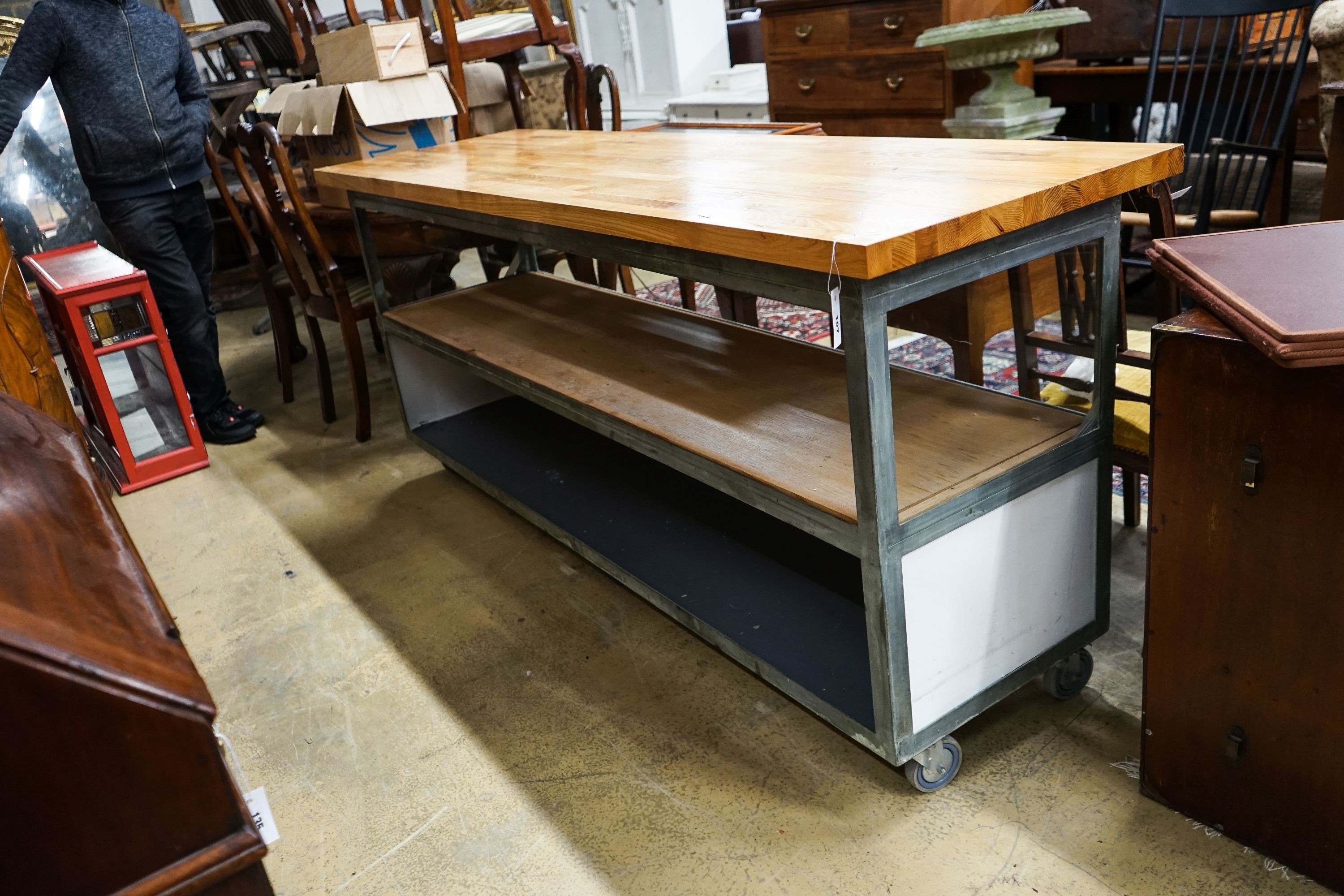 A glazed shop counter now as a kitchen island with removable wood worktop, length 212cm, depth 63cm, height 93cm